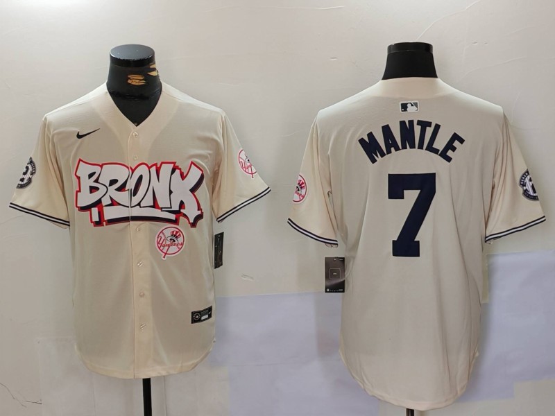 Men New York Yankees #7 Mantle Cream joint name 2024 Nike MLB Jersey style 3
